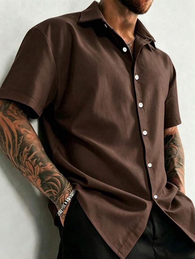 brown solid color short sleeve button down shirt