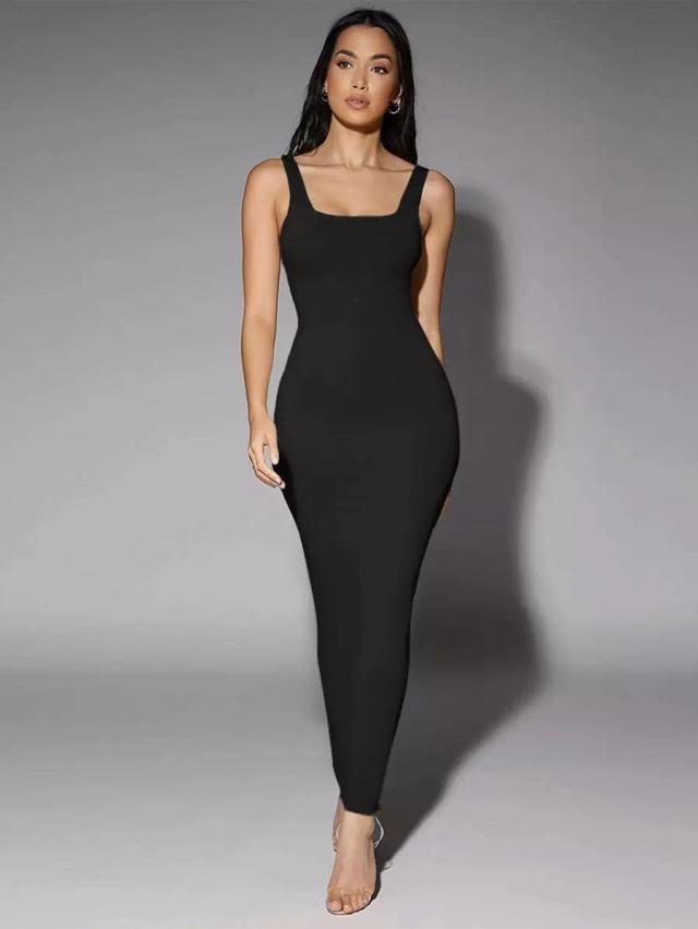 minimalist black square neck bodycon maxi dress