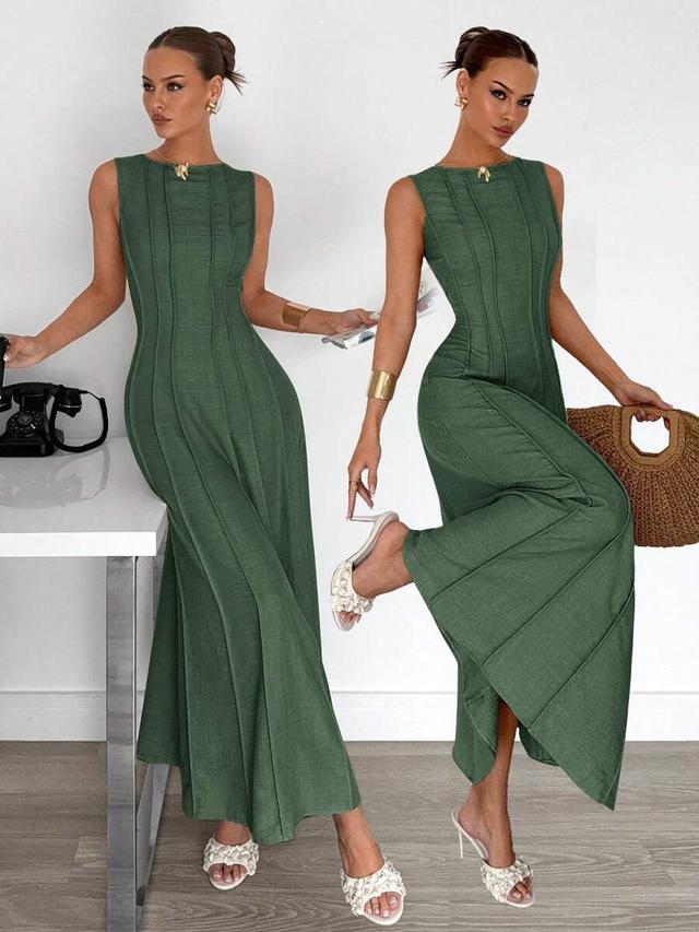 olive green sleeveless pleated a-line midi dress