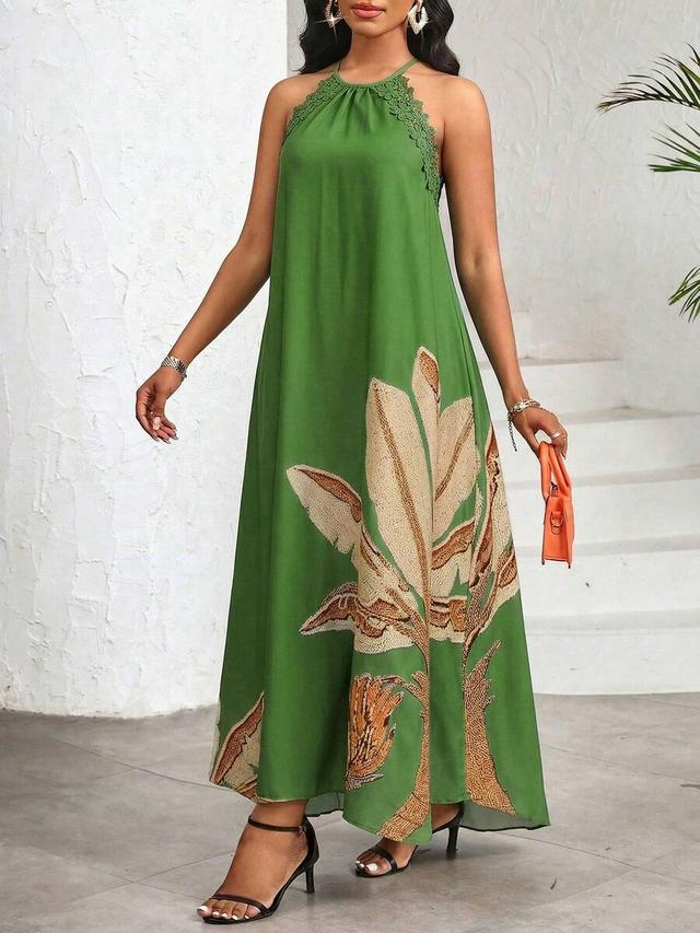 green halter neck maxi dress with leaf embroidery