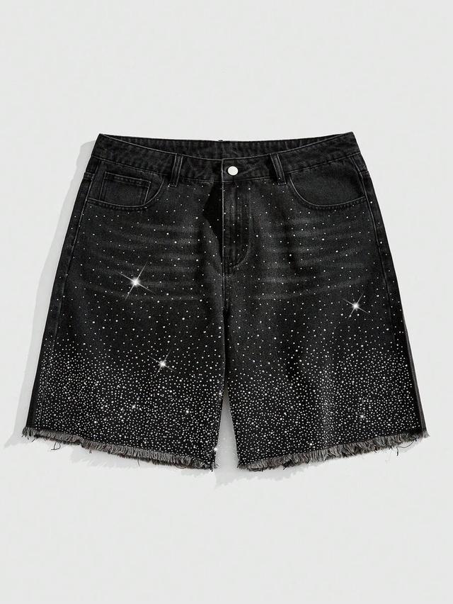 black rhinestone embellished loose bermuda denim jorts