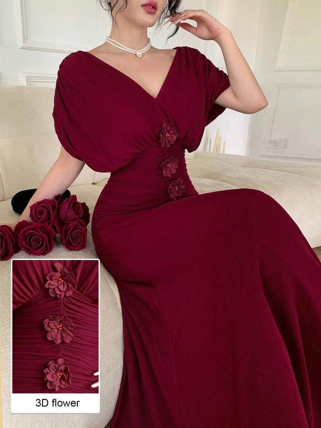 wine red mesh ruched 3d floral long dress