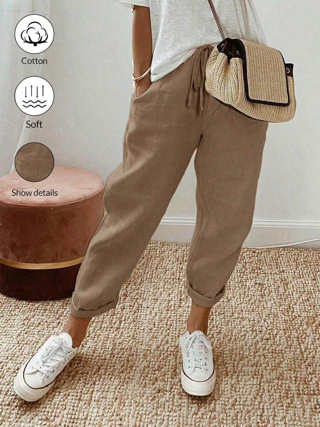breezaya ladies tapered khaki linen blend jogger pants