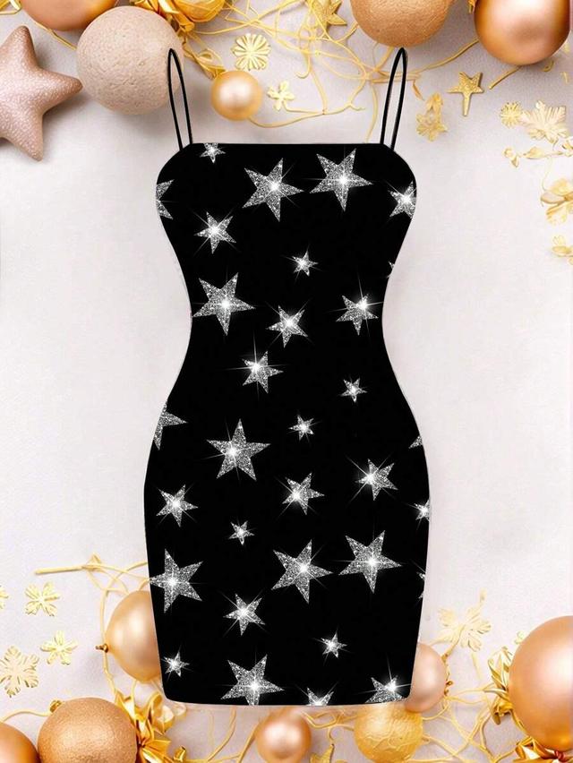black and silver star print sleeveless mini dress