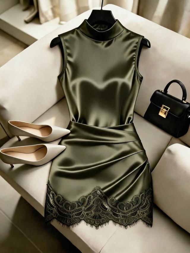 olive green satin sleeveless dress with lace hem