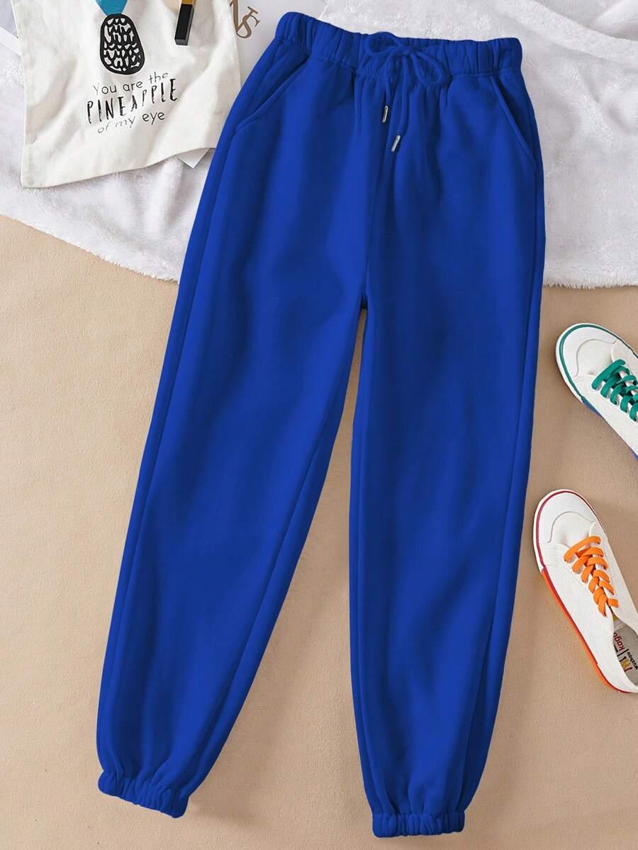solid blue drawstring waist cotton knit sweatpants