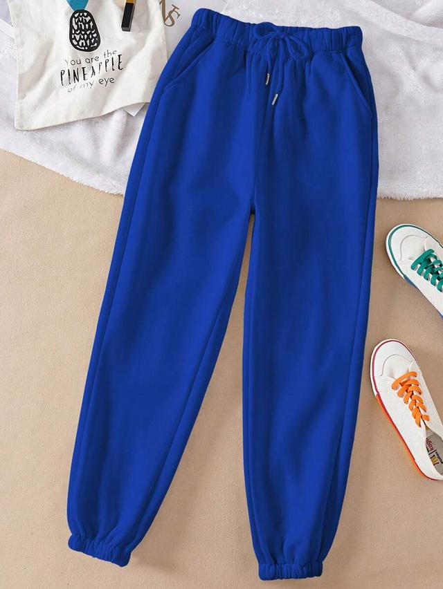 solid blue drawstring waist cotton knit sweatpants
