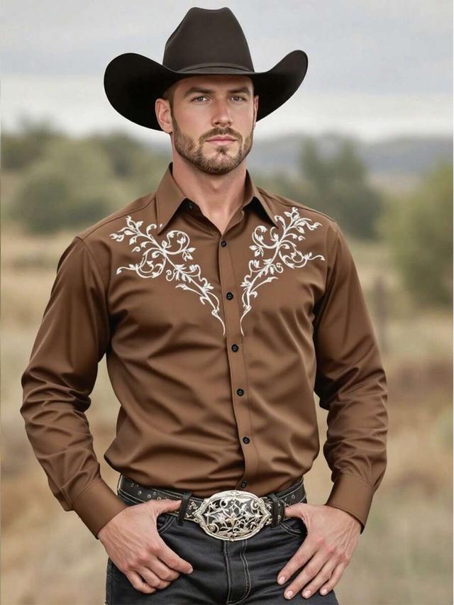 rugged brown western cowboy shirt with floral embroidery
