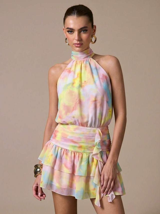 pink and yellow watercolor print halter mini dress