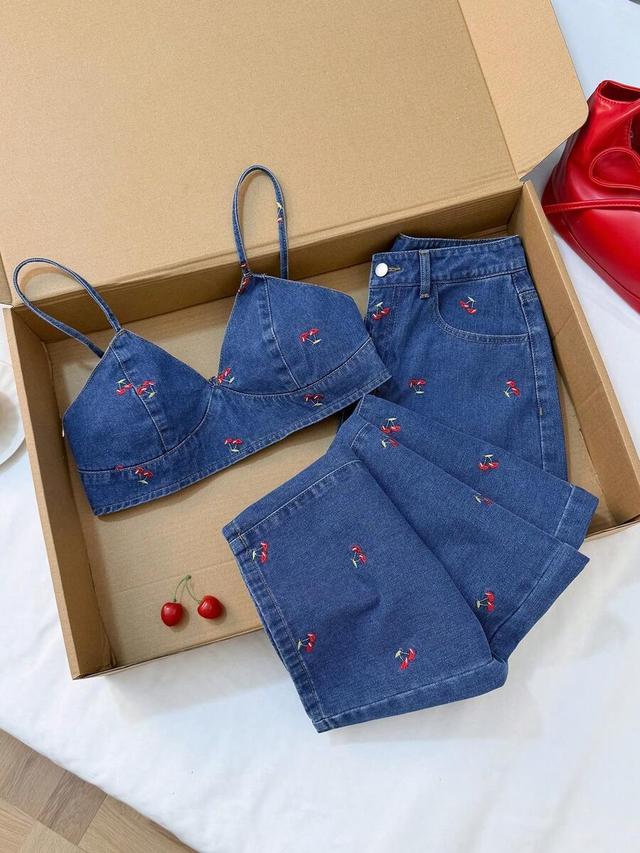 cherry embroidered denim camisole and wide leg pants set