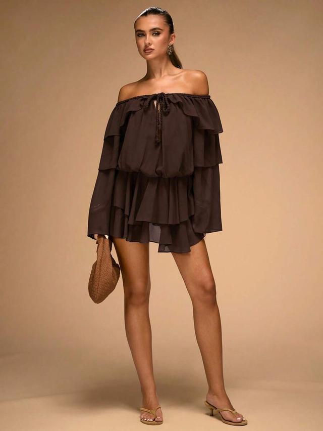 dark brown off-the-shoulder ruffle hem long-sleeved dress