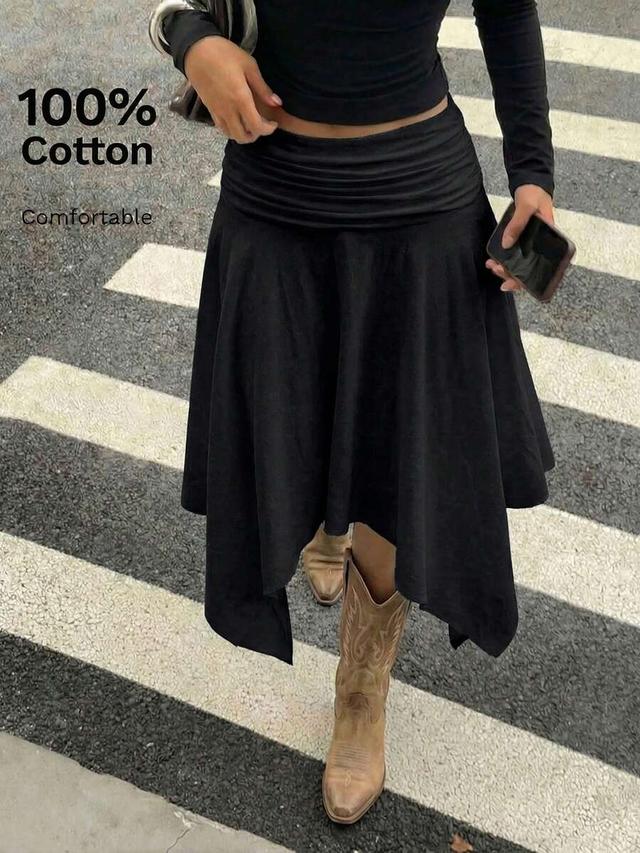 asymmetric flared midi skirt in black cotton