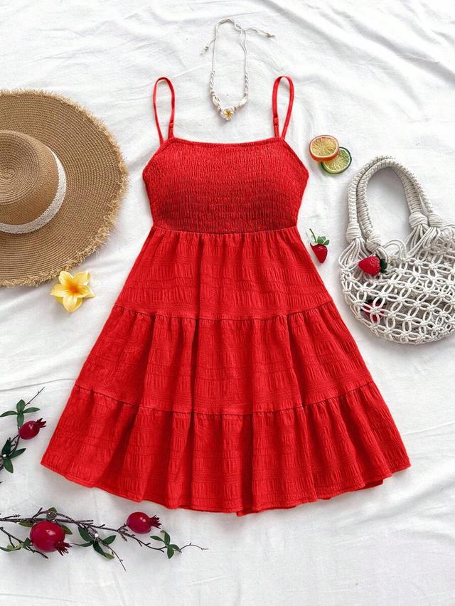 soleia solid red ruffle hem cami dress