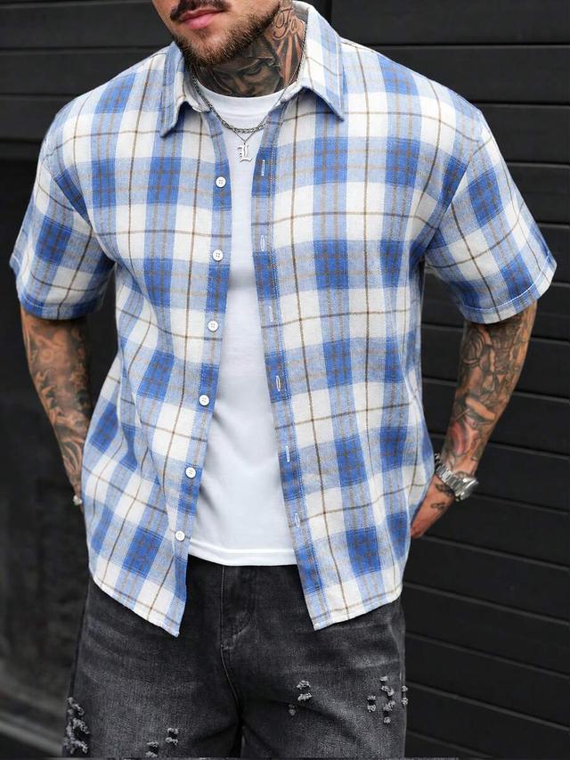 manfinity casualcool blue plaid short sleeve shirt