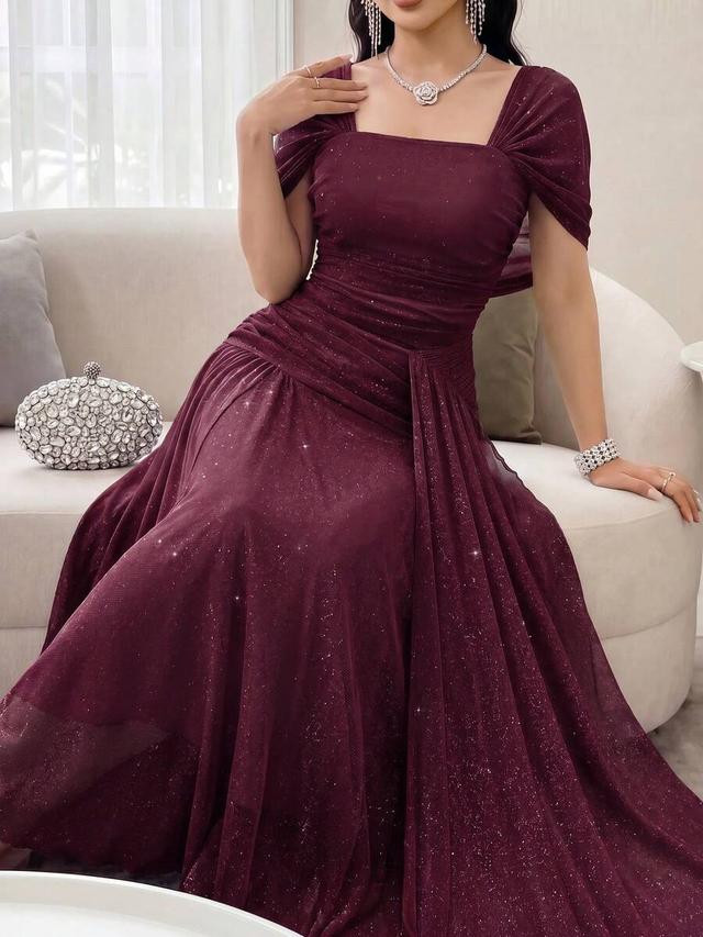 burgundy shimmering square neck cap sleeve formal gown