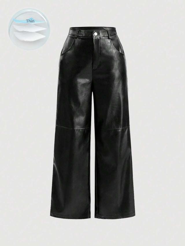 black solid pu leather straight leg pants