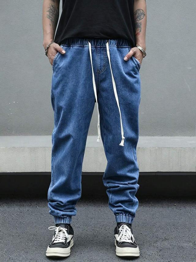 men's casual blue denim drawstring waist tapered jeans
