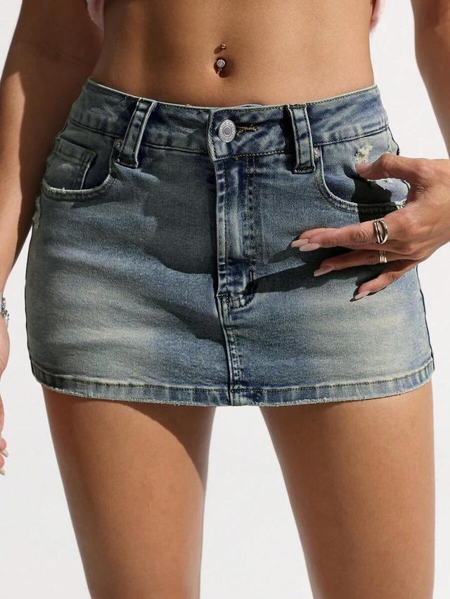 distressed blue denim mini skirt