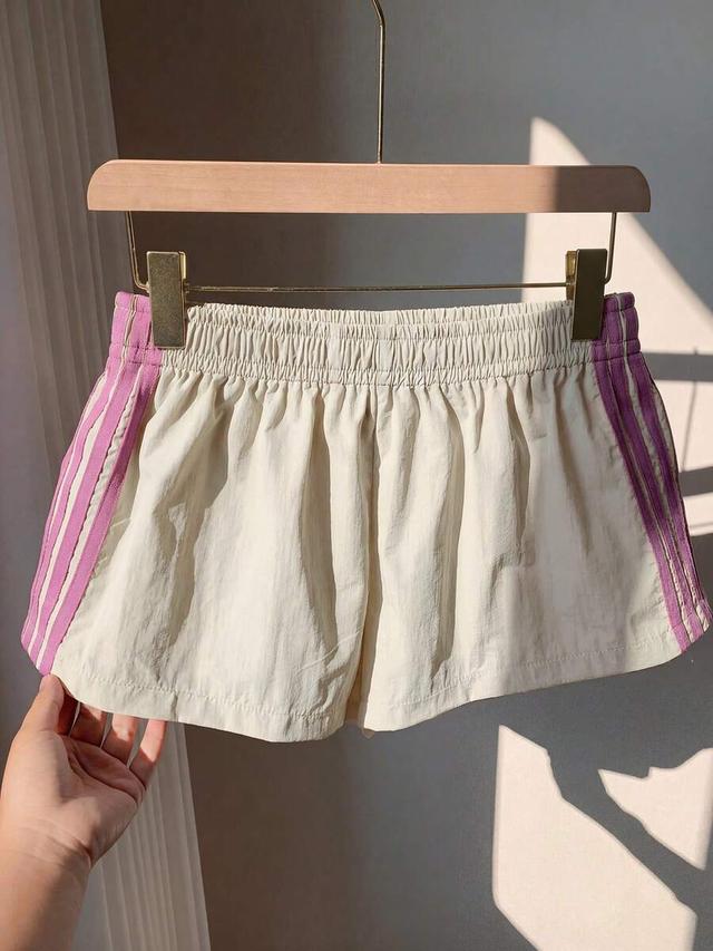 apricot and purple contrast striped elastic waist shorts