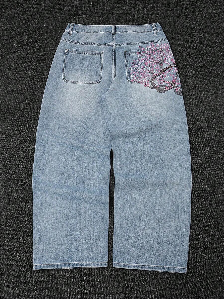 fashionable cherry blossom embroidery relaxed fit jeans