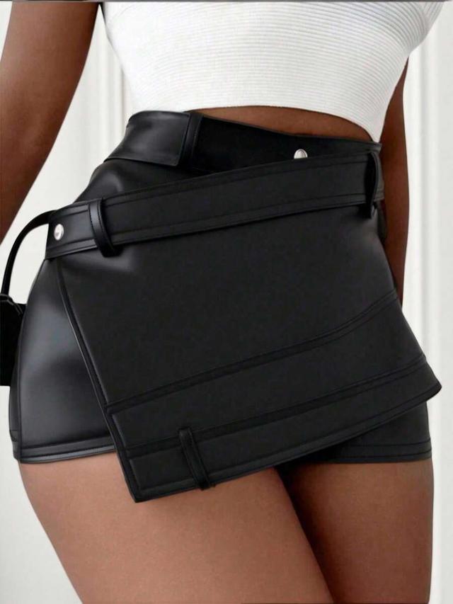 bamgleam women's black faux leather asymmetrical hem skorts