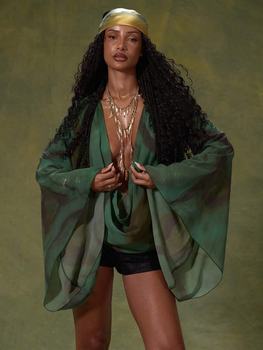 green chiffon printed extreme plunge draped front flared sleeve top