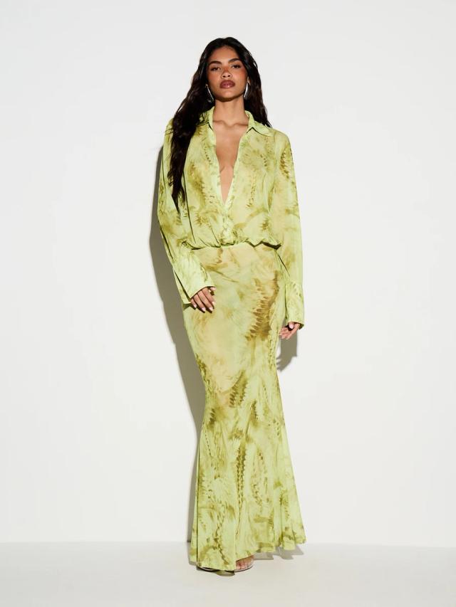 kizn abstract printed button front maxi shirt dress