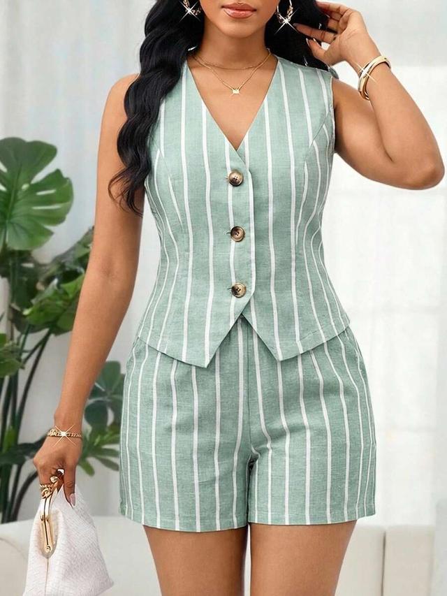 sage green striped vest and shorts co-ord set