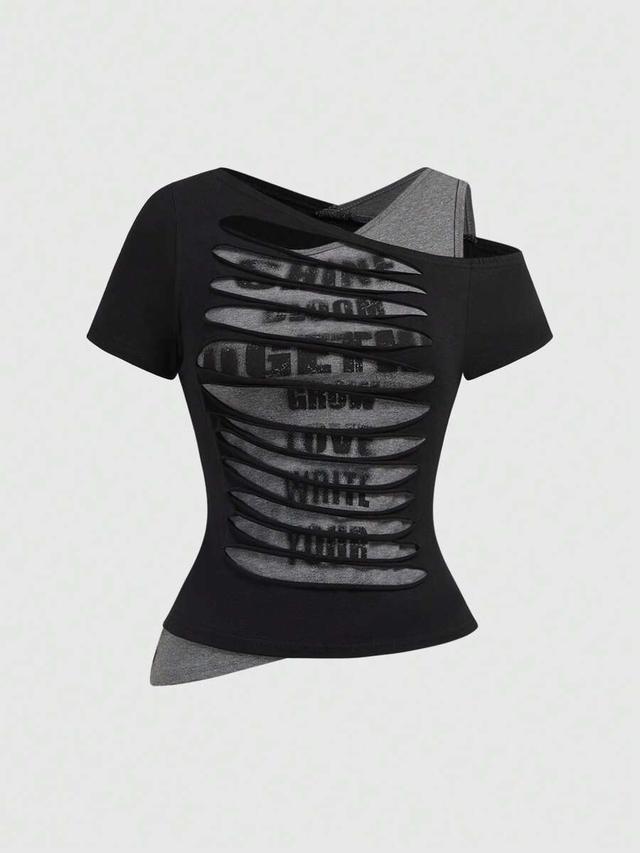 asymmetric distressed letter print layered fitted t-shirt