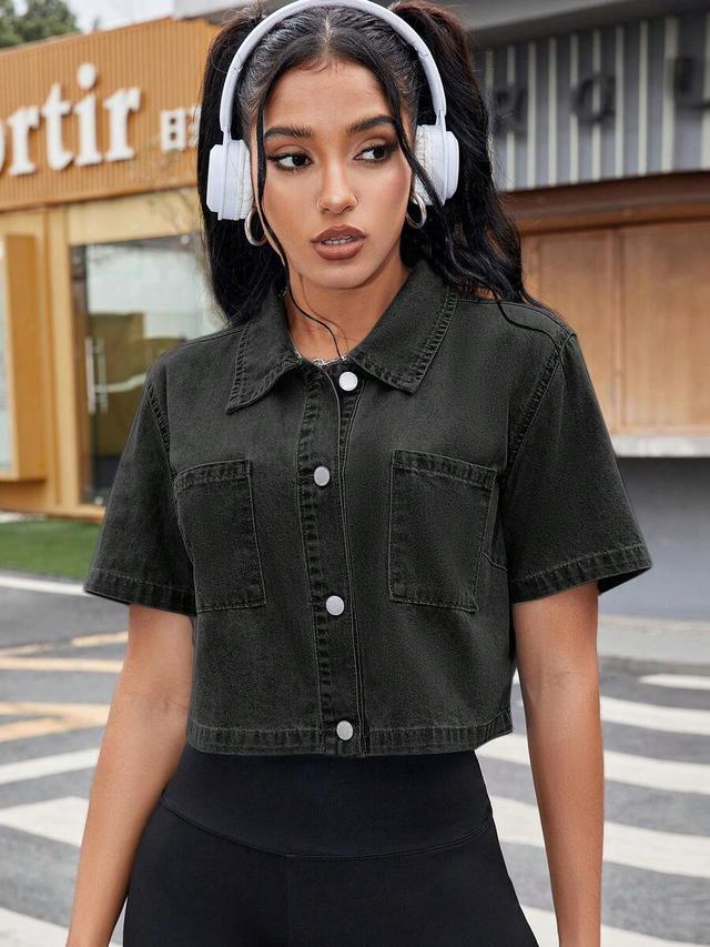 charcoal grey denim short sleeve button up shirt