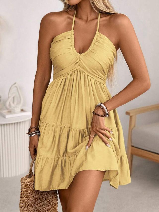 yellow shirred pleated front ruffled swing halter dress