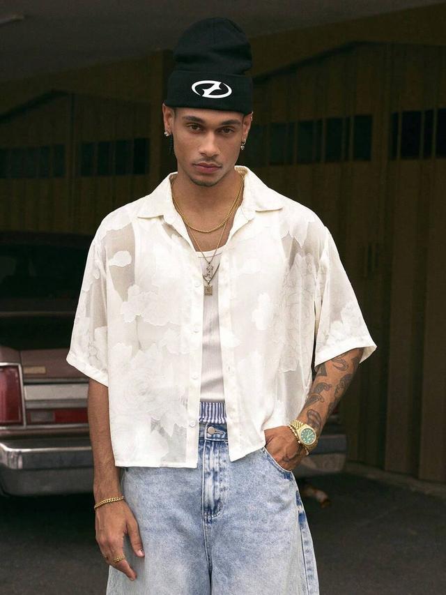 axepeak men's loose cut floral cutout white shirt