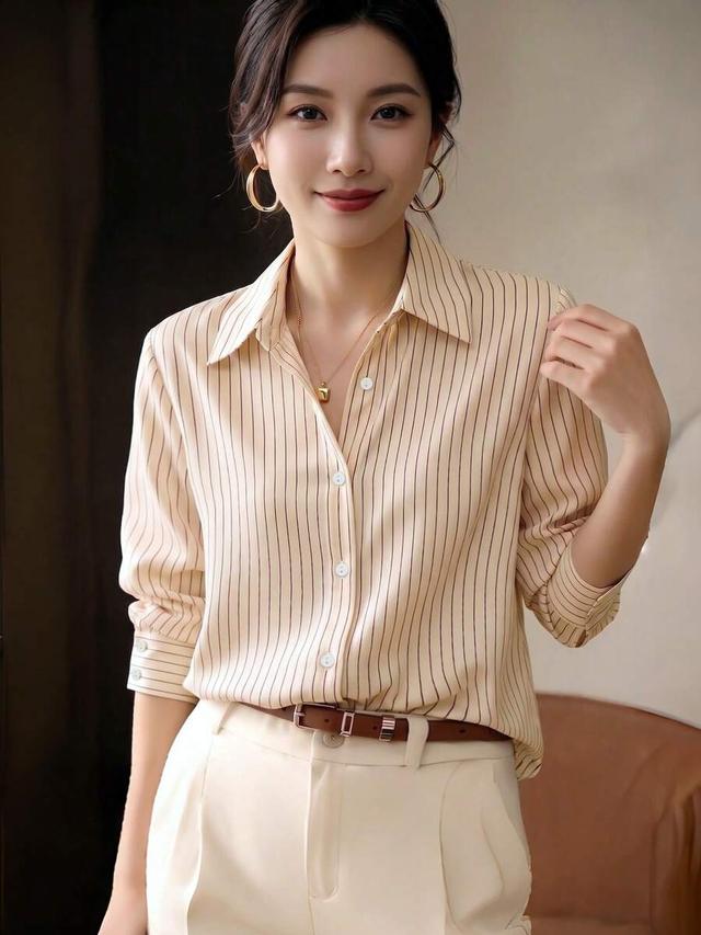 beige striped elegant long sleeve button-up shirt