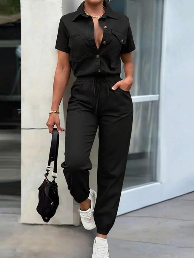 elegant black button decor pocket jumpsuit