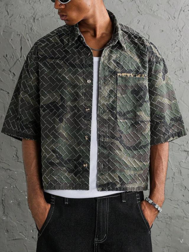 embroidered camouflage denim short sleeve shirt