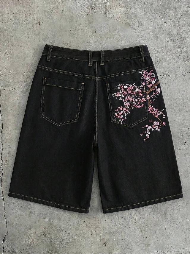 axepeak men's floral embroidered loose casual denim shorts