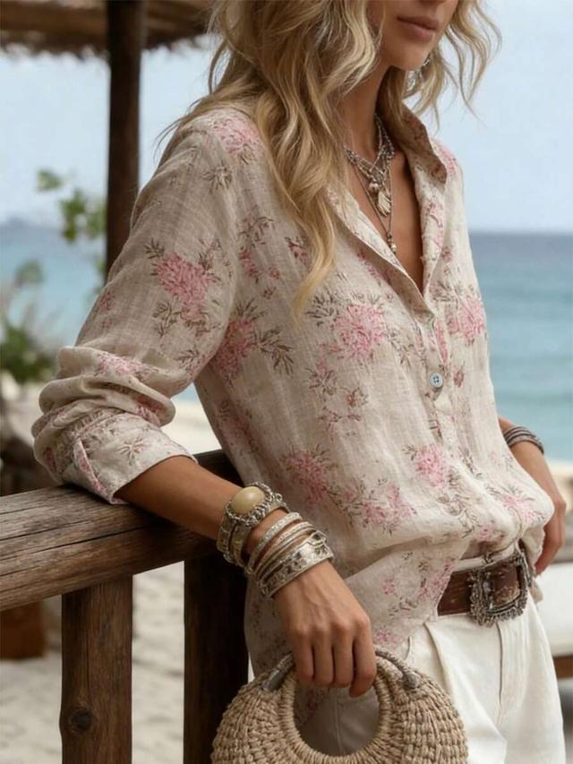 printed linen button-down long sleeve bohemian blouse