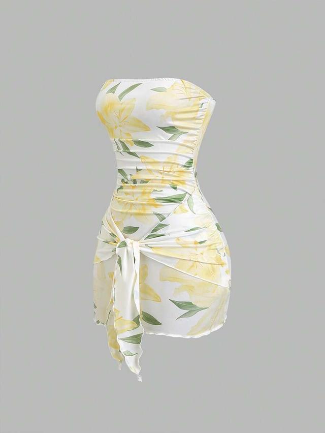 floral print strapless wrap tie bodycon dress