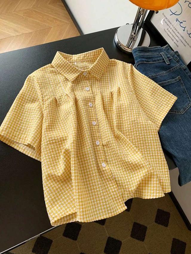 yellow gingham short sleeve button down blouse