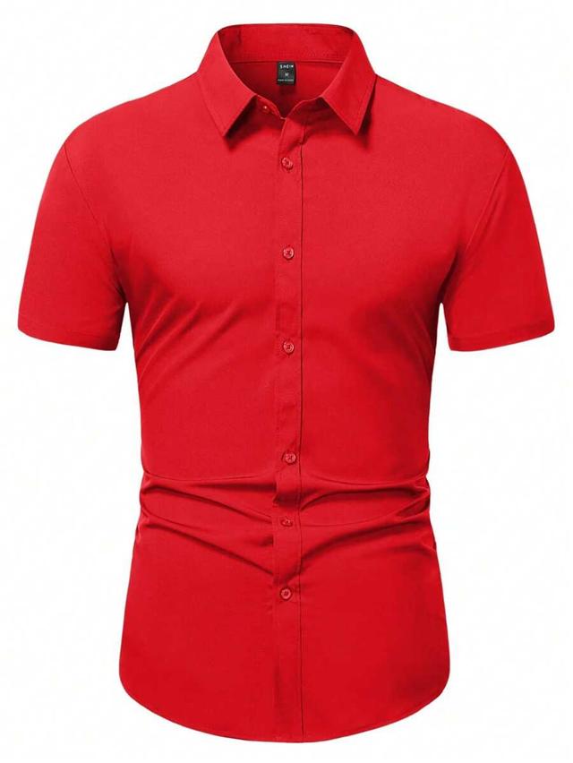 solid red short sleeve button-up formal shirt