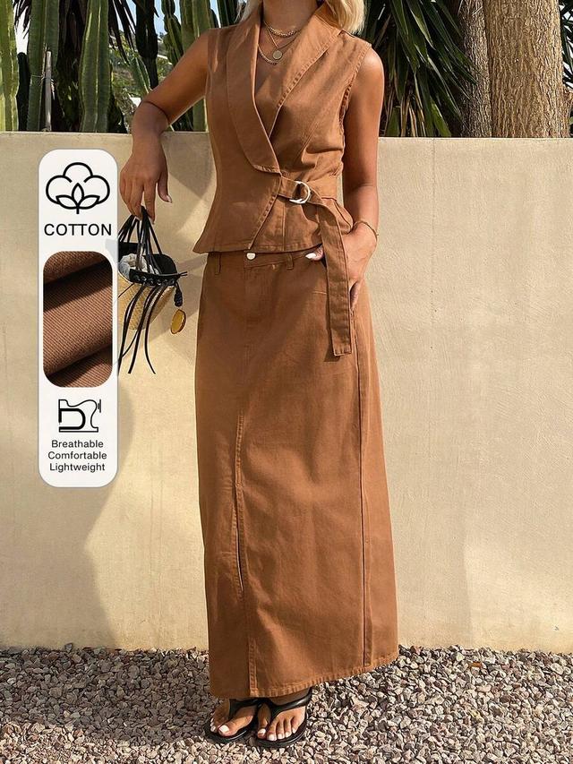 brown cotton twill sleeveless blazer and midi skirt set