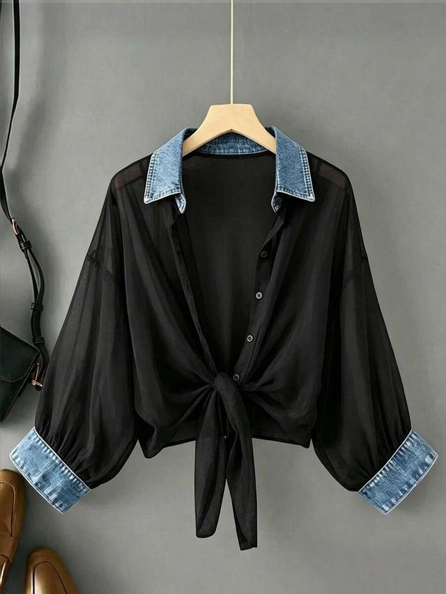 sheer black raglan sleeve shirt with denim collar and cuffs