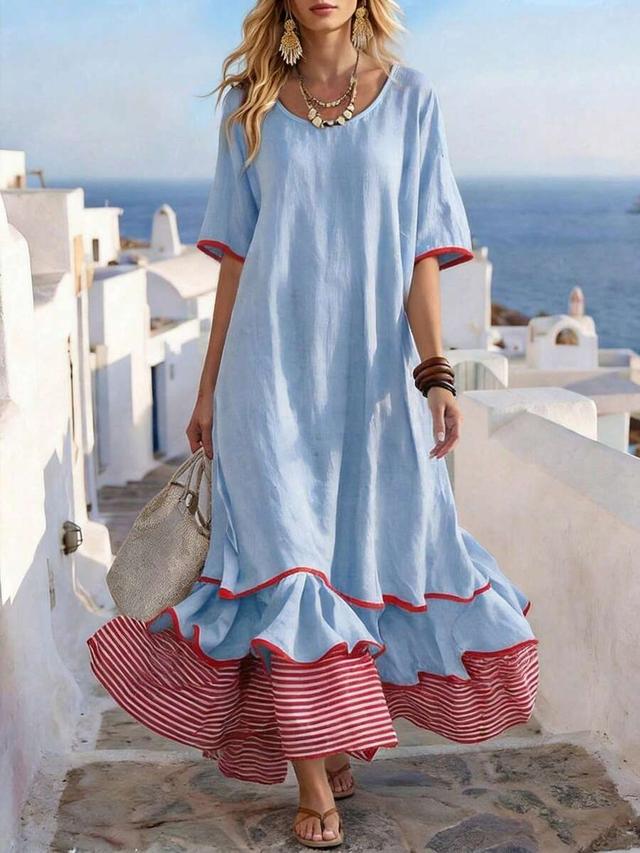 blue linen blend casual beach dress with striped hem