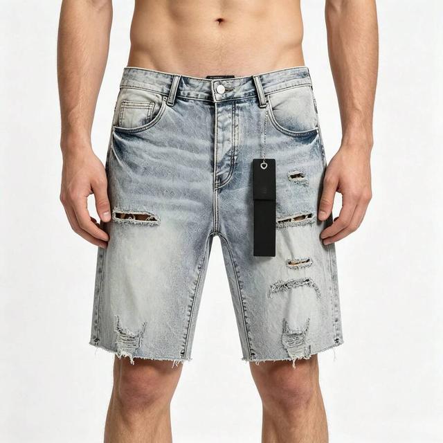 light blue men's splash paint raw hem denim shorts