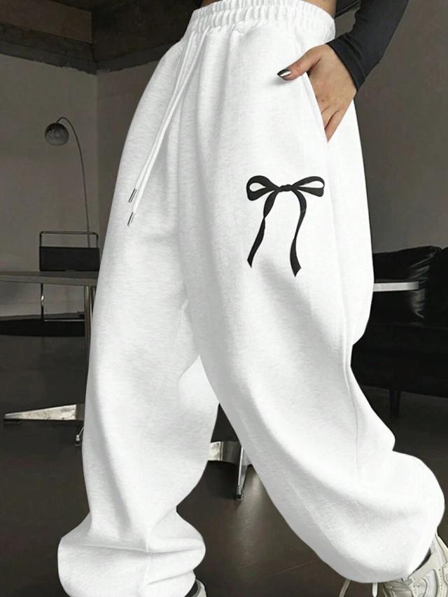 white casual drawstring wide-leg lounge pants with bowknot print