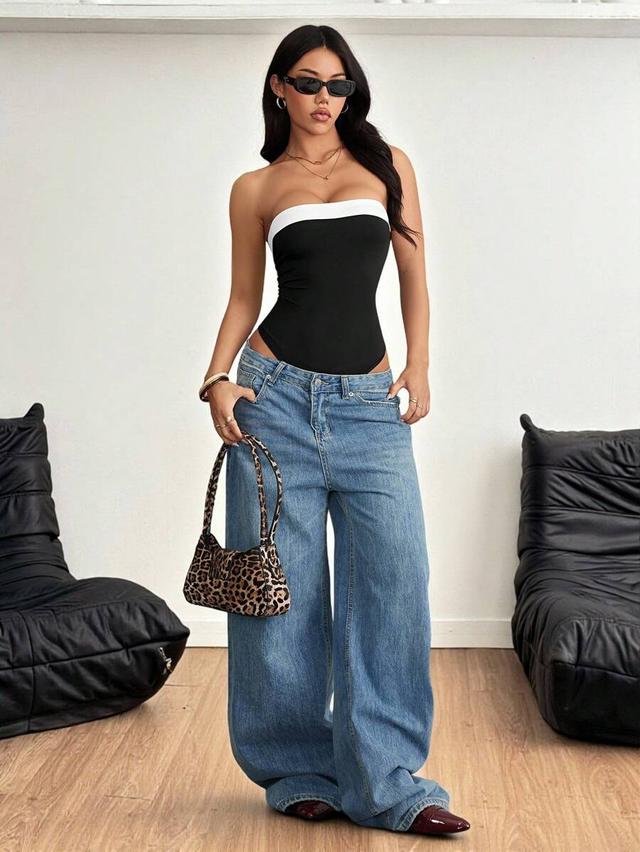 minimalist black and white patchwork tube bodysuit