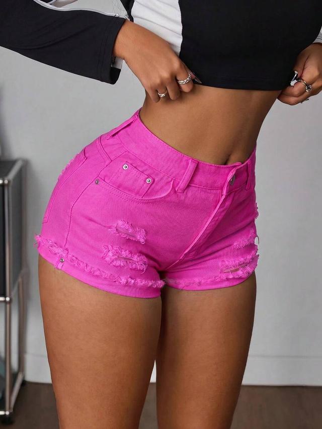 hot pink distressed frayed hem denim shorts