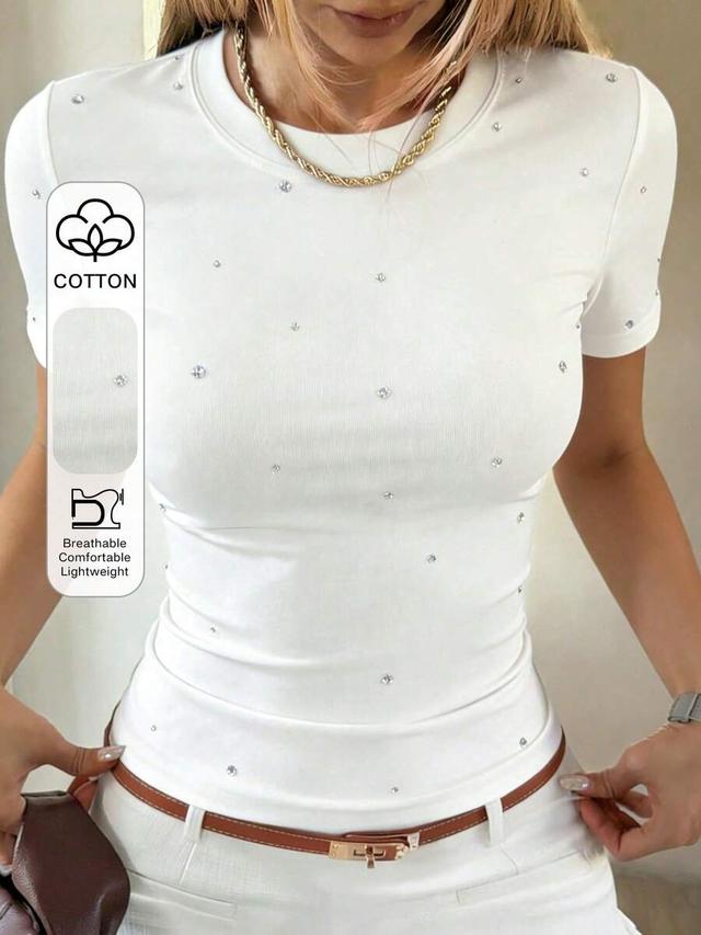 white cotton round neck rhinestone embellished fitted t-shirt