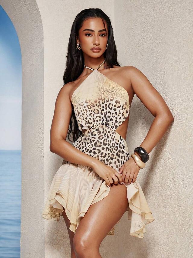 beige leopard print halter neck cutout mini dress