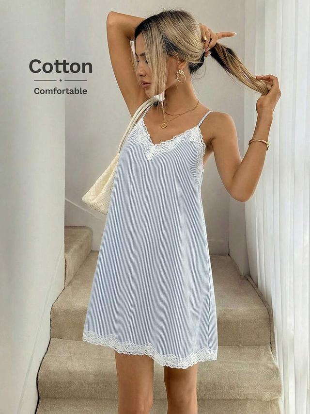 blue and white stripe lace patchwork v-neck slip dress